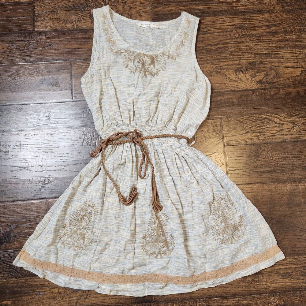 Blu Pepper Sz M Sleeveless Embroidered Tie Waist Mini Dress Beige Stripe Boho